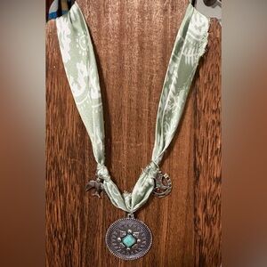 Handmade  distressed silky tie Pendant Scarf Necklace with Charms
